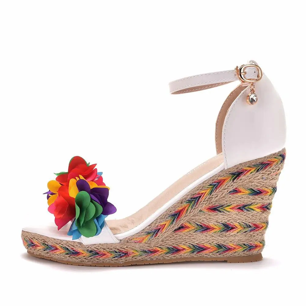 Crystal Queen Women Summer Wedges Female Floral Platform Bohemia High Heel Sandals Ankle Strap Open Toe Ladies Shoes