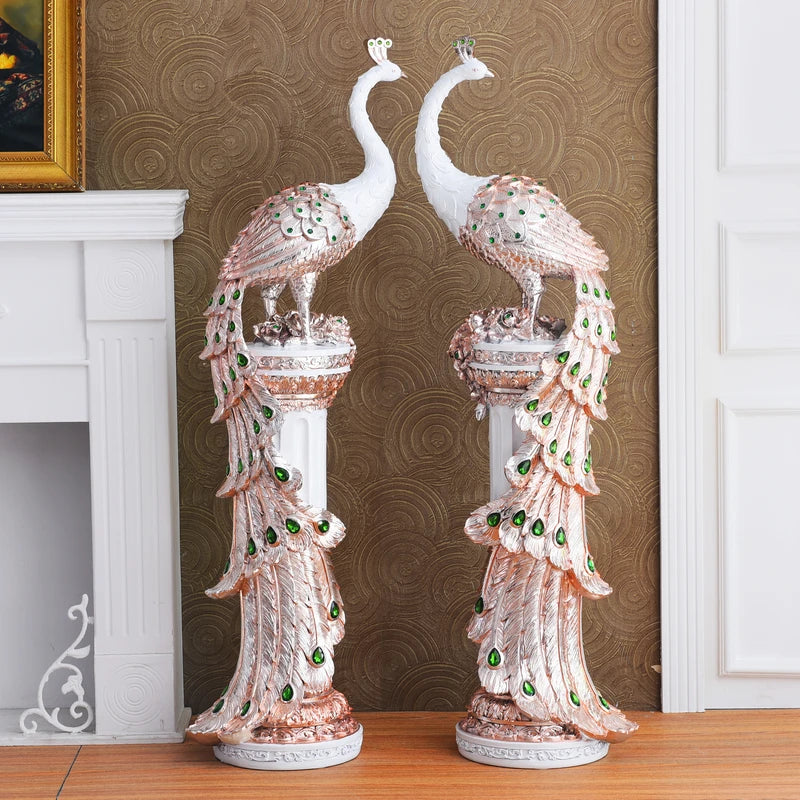 European Luxury Resin Peacock+Pillar Ornaments Crafts Home Livingroom Table Figurines Decoration Hotel Office Desktop Sculptures