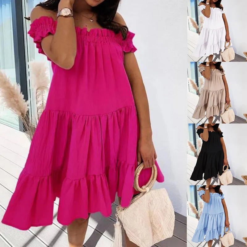 Summer Dress Women's Clothing 2021 A-Line Dresses Ruffles Slash Neck Short Sleeve Loose Mini Dress For Women Vestidos Femme Robe