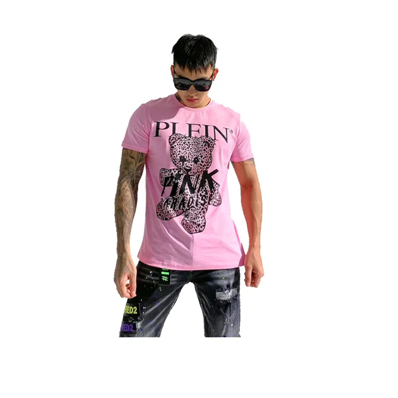 tshirt men cartoon rhinestones teddy bear plein embroidey  summer casual wear cotton shortsleeve pink paradise men clothing new