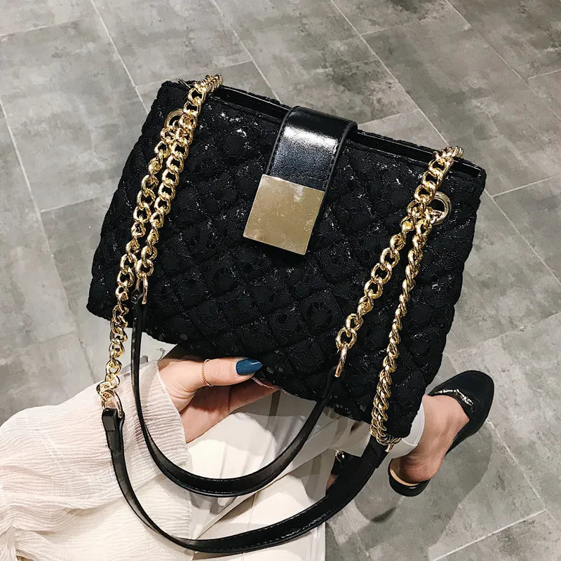 Lace Women's handbag Diamond pattern chain Shoulder bag for Women's Totes  pu leather Ladies crossbody bags bolsa feminina black