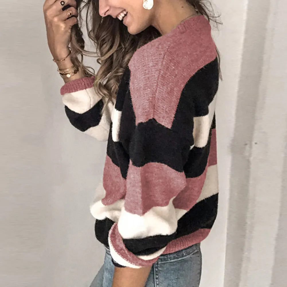 2020 Women Fall Casual Long Sleeve Pullover O Neck Color Block Loose Knitted Sweater Women's Clothing свитер женский pull femme