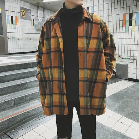 2023 New Fashion Men Plaid Shirt Casual Loose Wool Jacket Coat Men Long Sleeve Shirt Mens Clothing Streetwear