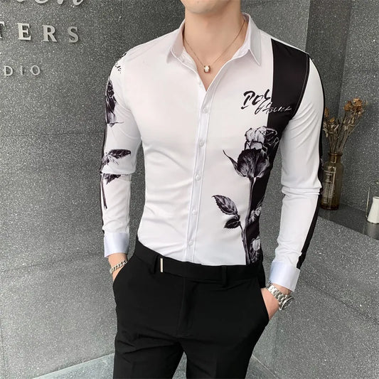 Camisa Masculina Fashion Patchwork Color Digital Print Long Sleeve Shirt Men Clothing 2023 Simple Slim Fit Casual Chemise Homme