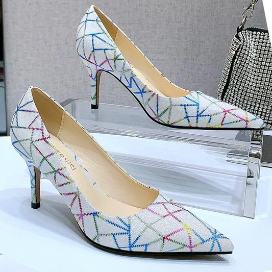 7.5cm Samll Heel Heels Ladies Shoes Colorful Lines Shiny Comfort Pumps Shoes Pointed Toe Women's Evening Dress for Wedding Daily