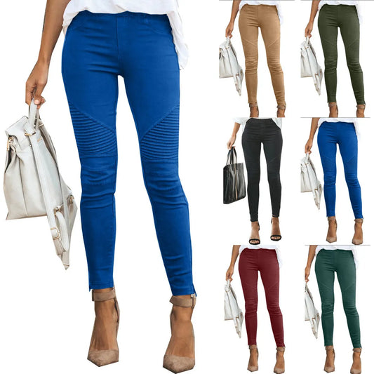 Women Pants Vintage Pleated Pencil Pants Office Lady Elasticity Skinny Trousers Jeans Streetwear Women's Clothing 2021