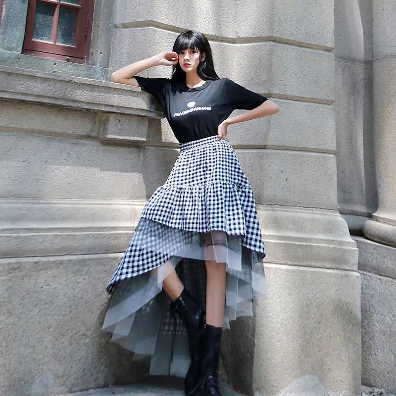 Black and white plaid tulle skirt women irregular layered skirts 2021 summer fashion Korean women's clothing