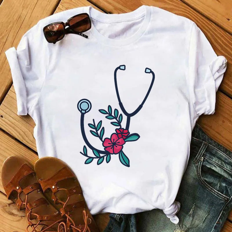 Summer Female T-shirt Nurse Print T-shirt Casual Graphic T-shirt Women's Harajuku Retro Top T-shirt Women's Clothing