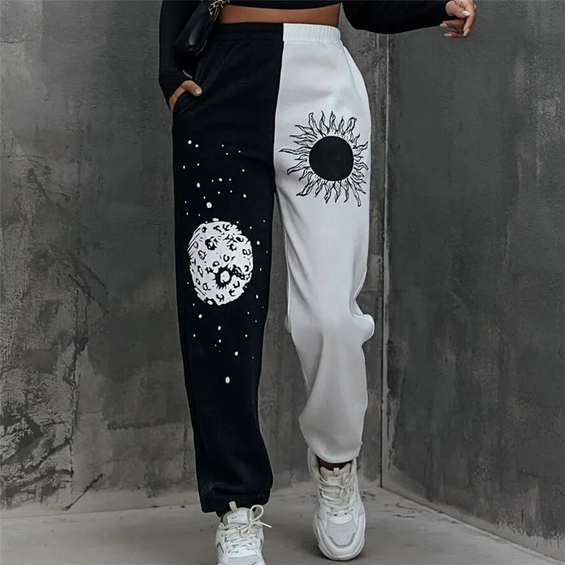 Women's Clothing 2021 Autumn And Winter Pants Harajuku Elastic Waist Pocket Side Sun Moon Graphic Print Colorblock Punk Trousers