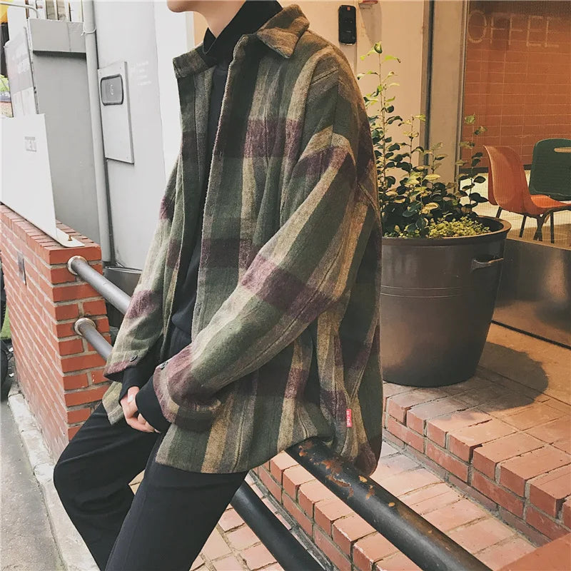 2023 New Fashion Men Plaid Shirt Casual Loose Wool Jacket Coat Men Long Sleeve Shirt Mens Clothing Streetwear