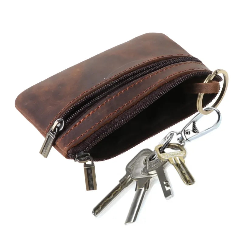 Women Men Retro Cowhide Slim Key Purse Zipper Around Wallet Solid New Fashion Unisex Handbag 11.5x7.5cm