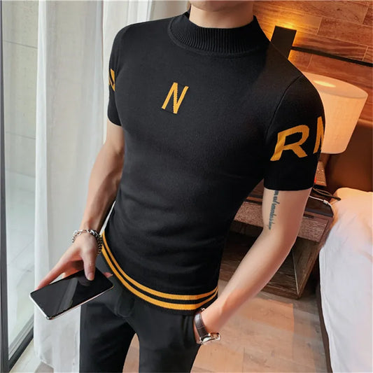 Summer New Letter Print Short Sleeve T-Shirt Men Clothing 2022 Korean O-neck Slim Fit Casual Knitted Tee Shirt Club Social Tee