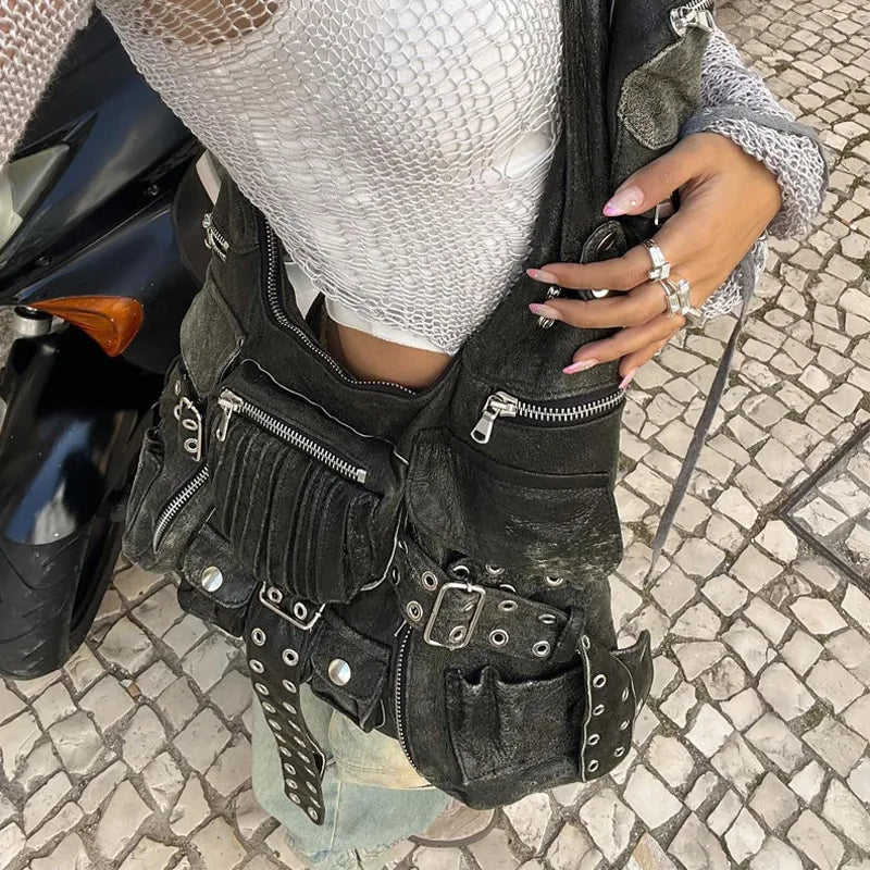 vintage Multiple pockets denim women shoulder bags punk wide strap rivet lady  handbags retro Underarm Bags Female purses 2023