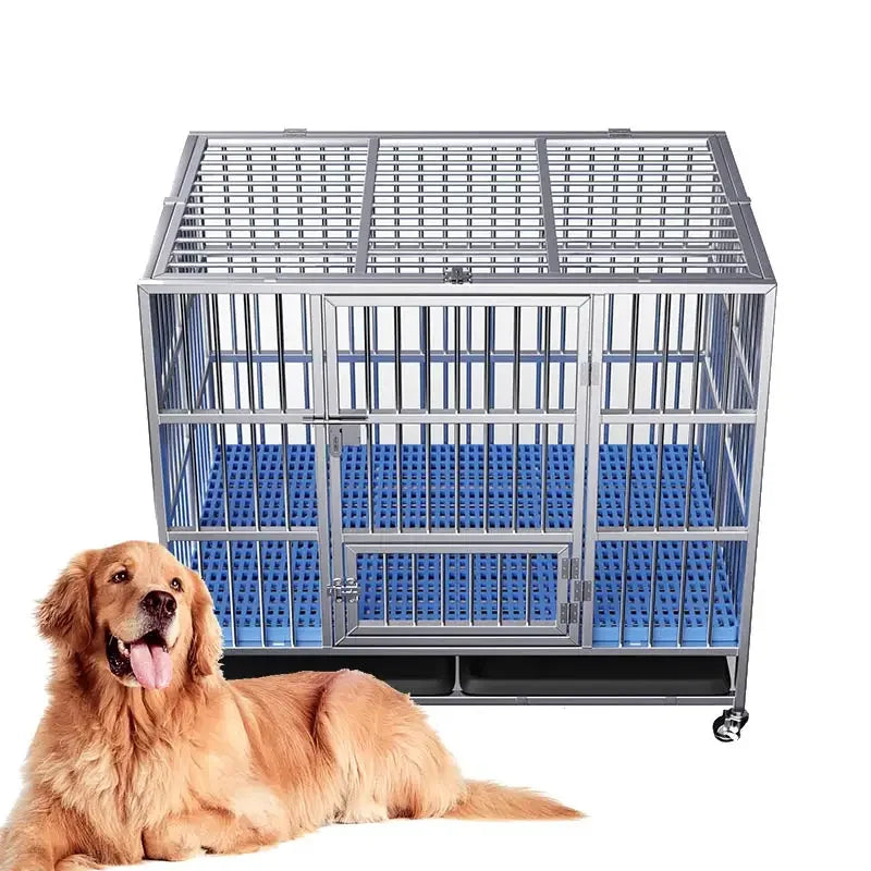 Outdoor Heavy High Strength Stainless Dog Cages With Wheels, Foldable Strong Stainless Steel Large Dog Cage Metal Dog Kennel