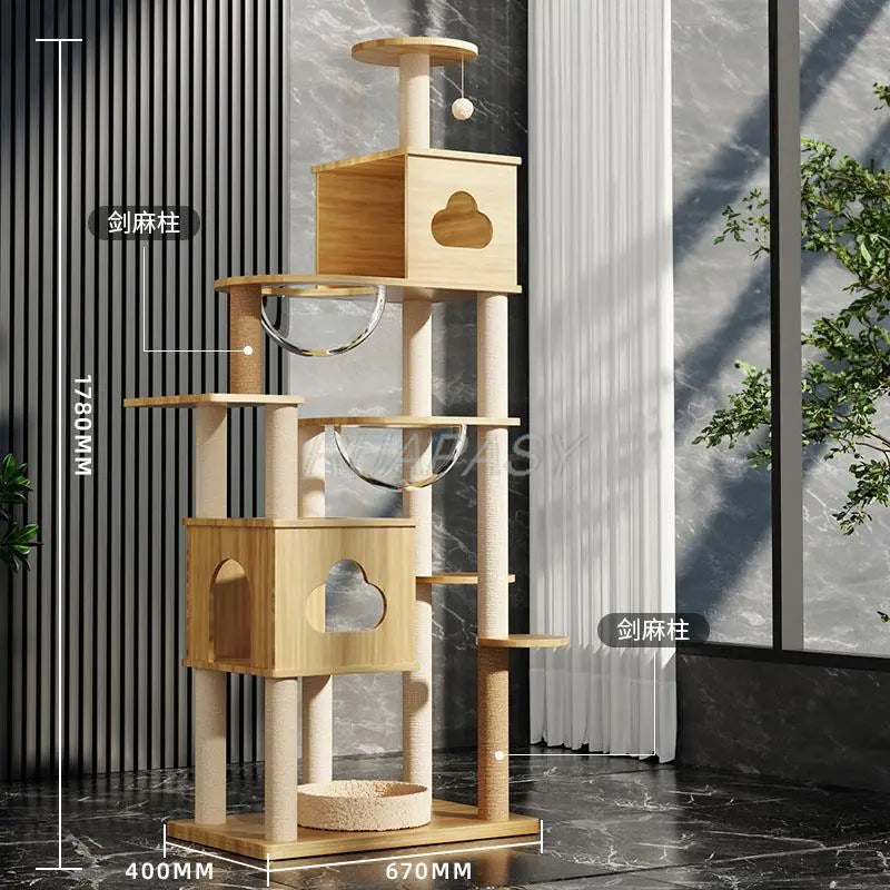 Multi-Level Wood Space Capsule Cat Tree Climbing Toys Post Condo Sisal Cat Tree Shelf Scratching Jumping Platform Perch Tower