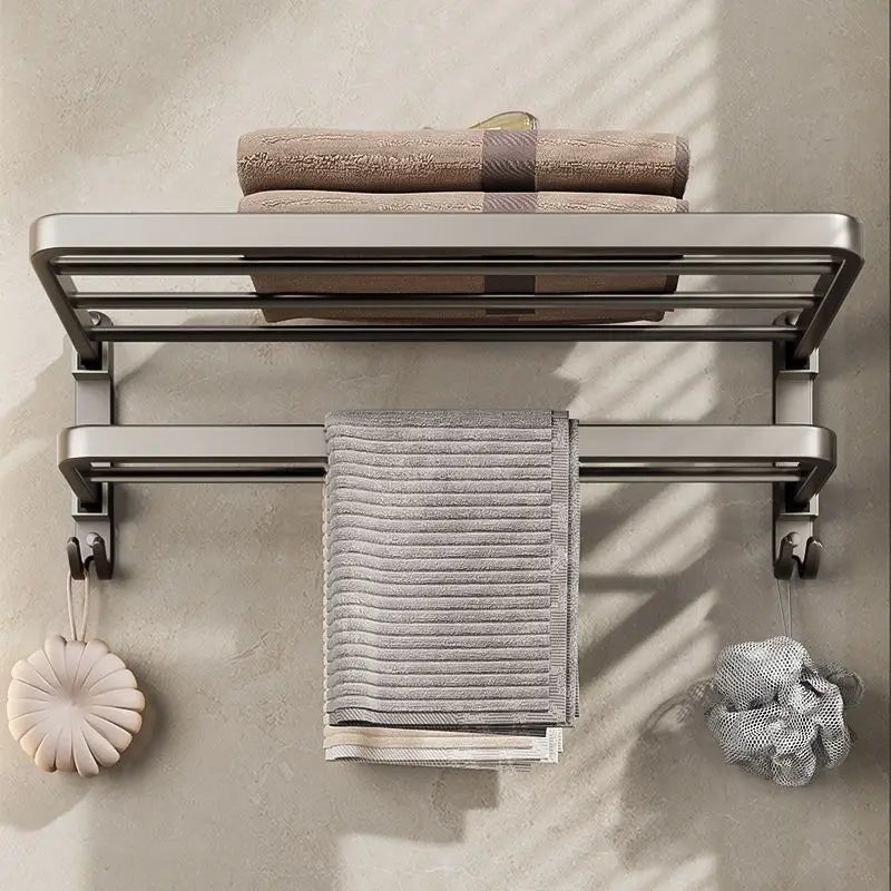 90 ° Foldable Bathroom Towel Holder With Hooks Space Aluminum Shower Room Towel Hanger Kitchen Storage Shelf Organizer