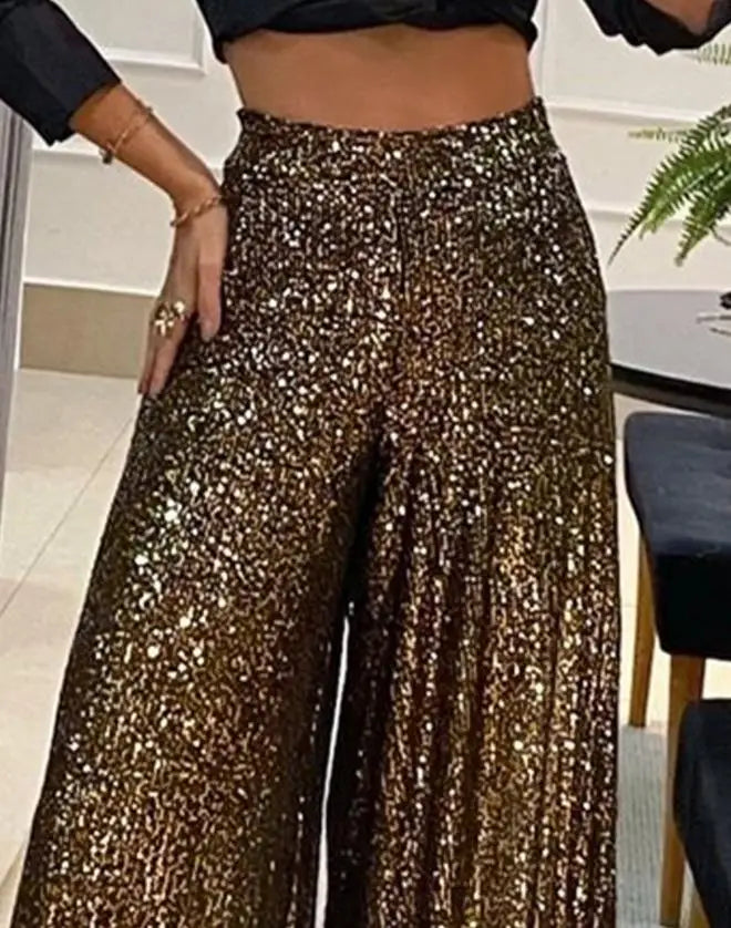 High Waist Sequin Flared Wide leg Pants All-Match new fashion yk2 Women's Clothing