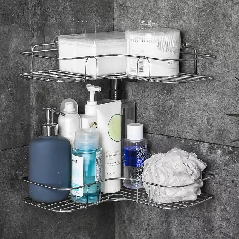 Solid Stainless Steel Storage Rack Punch-free Singer Layer Triangle Wall Mounted Shelf Holder for Bathroom Kitchen Bedroom