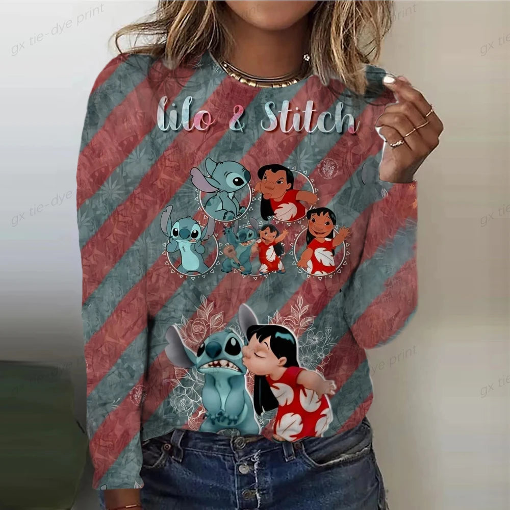 Disney Stitch Cartoon Print T-shirt Fashion Women's Clothing Spring And Autumn Basic Top Women's Long Sleeve T-shirt 2023