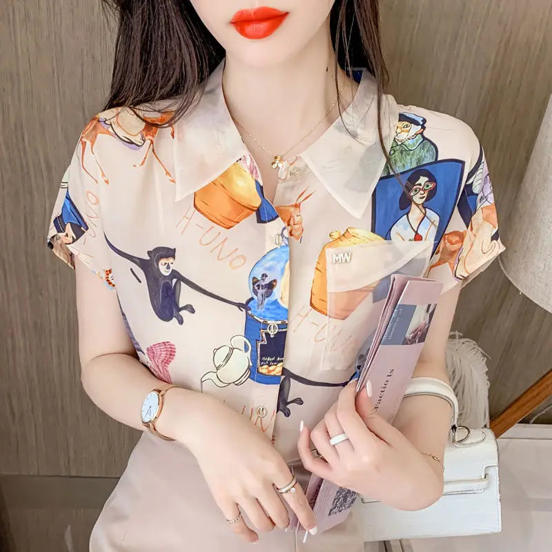 Vintage Printed Lapel Gauze Spliced Pockets Diamonds Loose Shirt Summer New Casual Tops Fashion Women's Clothing Commute Blouses