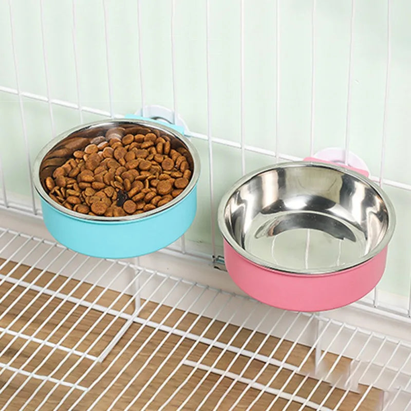 Removable Stainless Steel Pet Kennel Cage Hanging Food Bowls and Water Feeder for Puppy Small Medium Dog Cat Rabbit Ferret