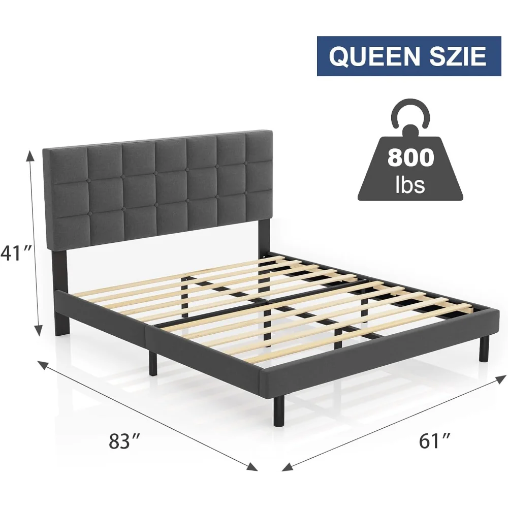 Queen Bed Frame Upholstered Platform with Headboard and Strong Wooden Slats,Non-Slip and Noise-Free,No Box Spring Needed