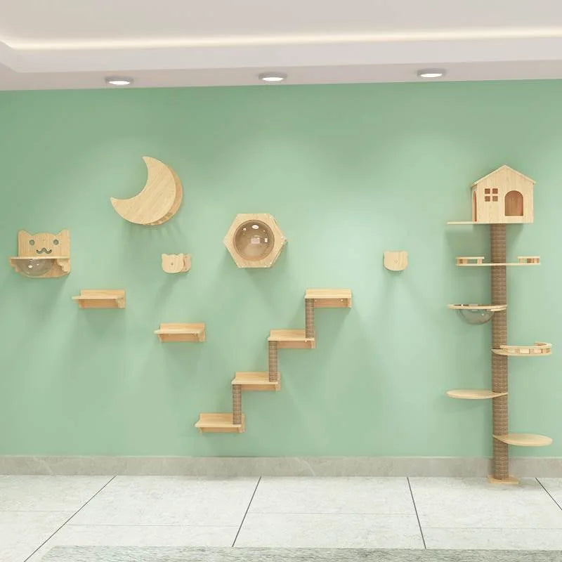 1pc Cat Climbing Shelf Wall Mounted Four Step Stairway Cat Hammock Pet Furniture Kitten Perch Platform Jumping Wooden Cat Tree