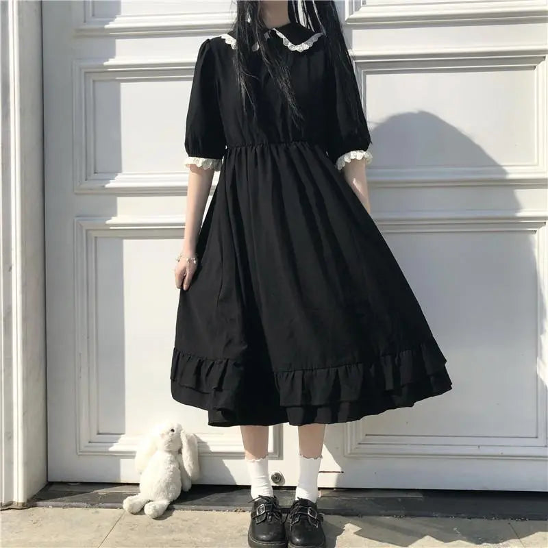 Autumn New Black Kawaii Lolita Dress Sen Girl Fairy Cute Lolita Doll Collar Puff Sleeve Dress 2021 Fashionable Women's Clothing