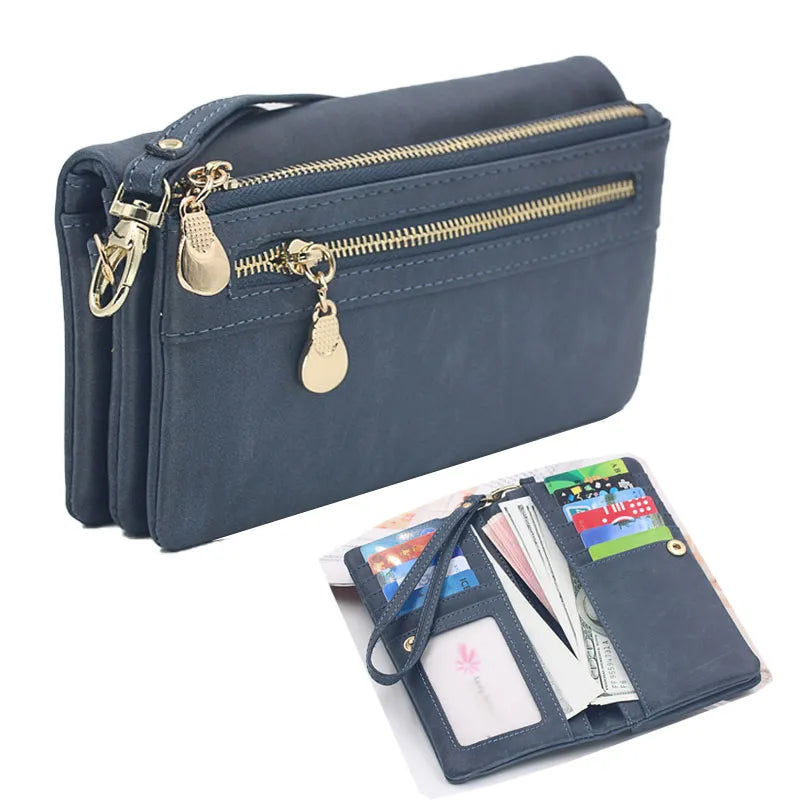 2023 New Vintage Frosted Double Zipper Long Wallet Large Capacity Women Folding Mobile Bag Women Wallet