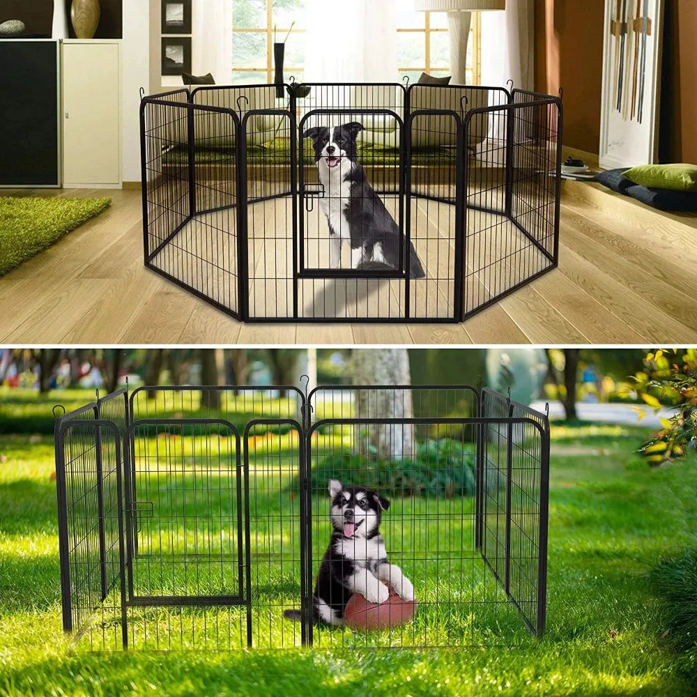 Metal Dog Playpen Dog Fence 8 Panels Indoor Outdoor Heavy Duty Portable Foldable Kennel, Black Dog House