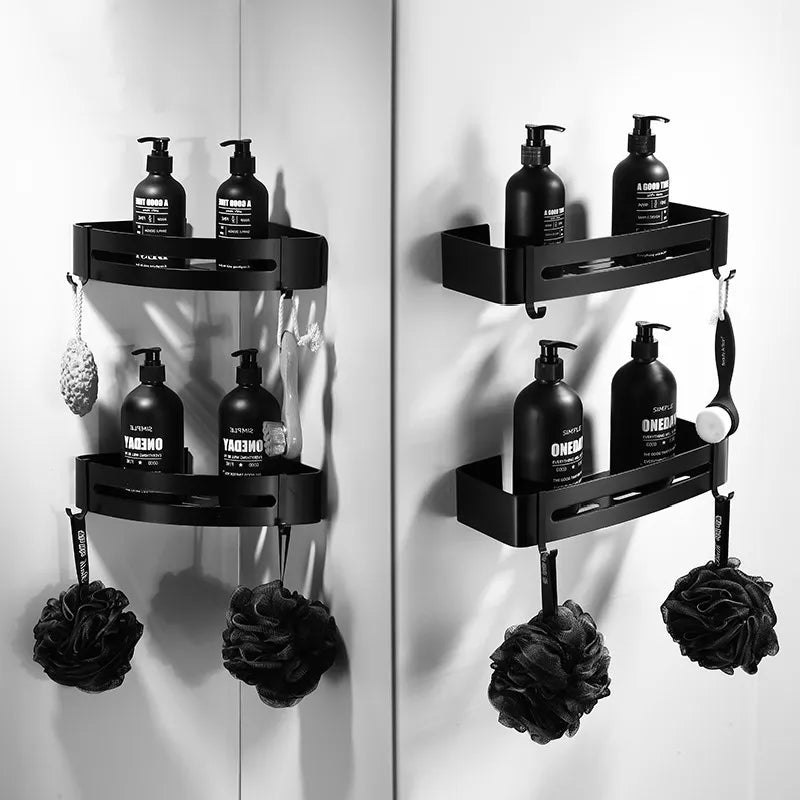 Bathroom Shelf Organizer Shower Storage Rack Black Corner Shelves Wall Mounted Aluminum Toilet Shampoo Holder No Drill