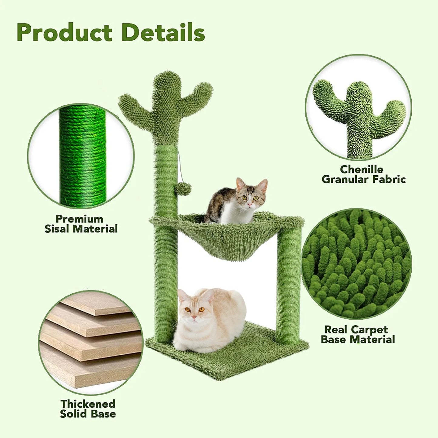 Cactus Cat Scratching Post with Sisal Rope Cat Scratcher Tree Towel with Comfortable Spacious Hammock Cats Climbing Frame