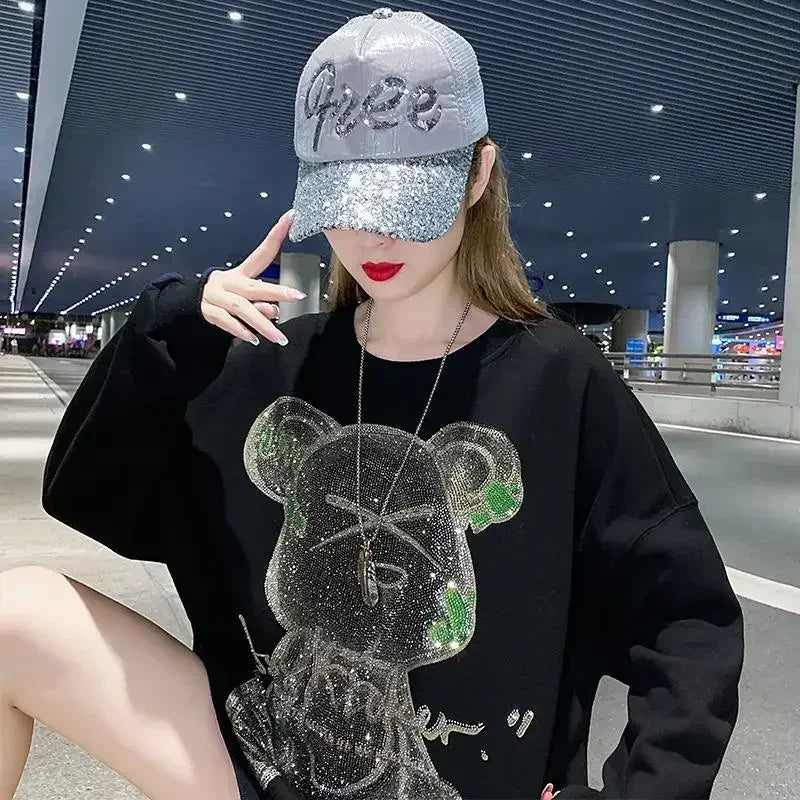 Rhinestone Woman Clothing Glitter Women's Sweatshirt Graphic Pullovers Top Round Neck Sequin Thick Y2k Style Essential M Basic E