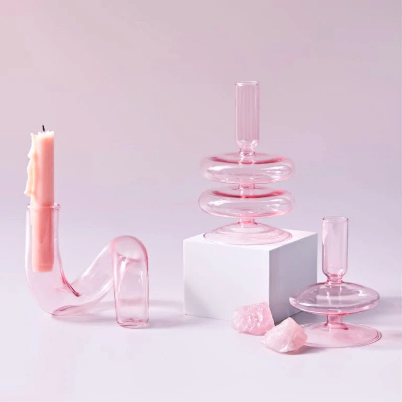 1pc Pink Glass Candle Holder Taper Candles Candlesticks Holder Wedding Table Centerpieces Nordic Home Decoration Vases