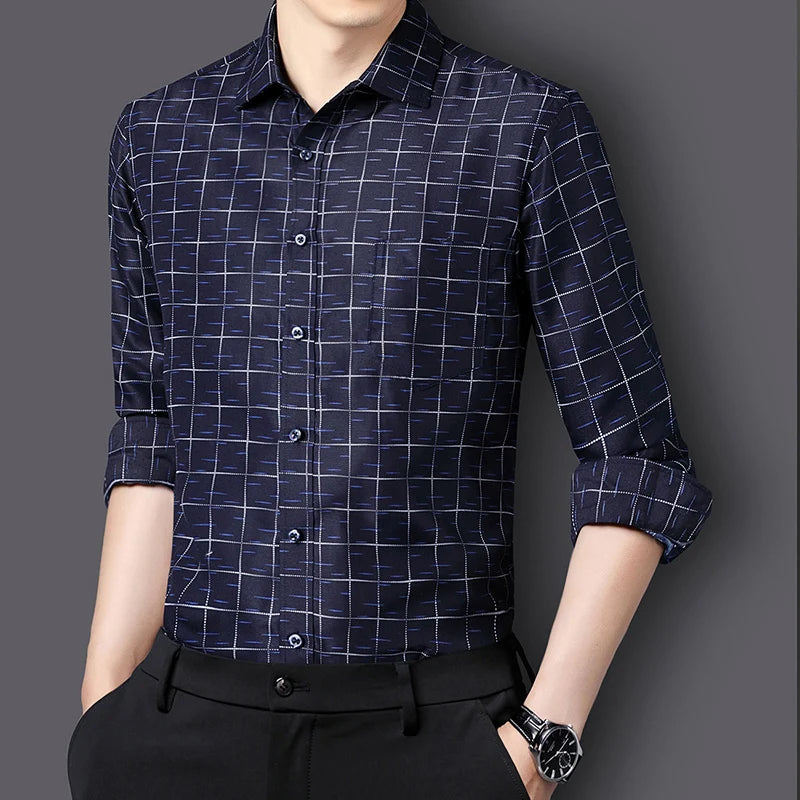 Spring New Business Casual Long Sleeve Plaid Shirts For Men Clothing 2023 Simple Formal Wear Slim Fit Office Blouse Homme 5XL-M