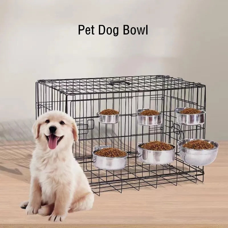 Pet Dog Bowl Stainless Steel Coop Cups with Clamp Holder Detached Dog Cat Cage Kennel Hanging Bowl Metal Food Water Bowl