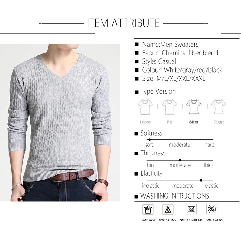 BROWON Autumn Slim Sweaters Men Long Sleeve Sweaters for Young Men V-collar Pure Long Sleeve Knitted Sweater Men Clothing