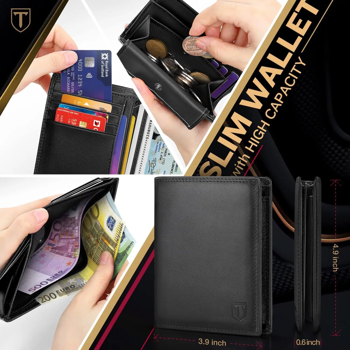 Teehon 2023 Elegant Fashion Wallet Men Genuine Leather Coin Pocket Card Holder Purse RFID