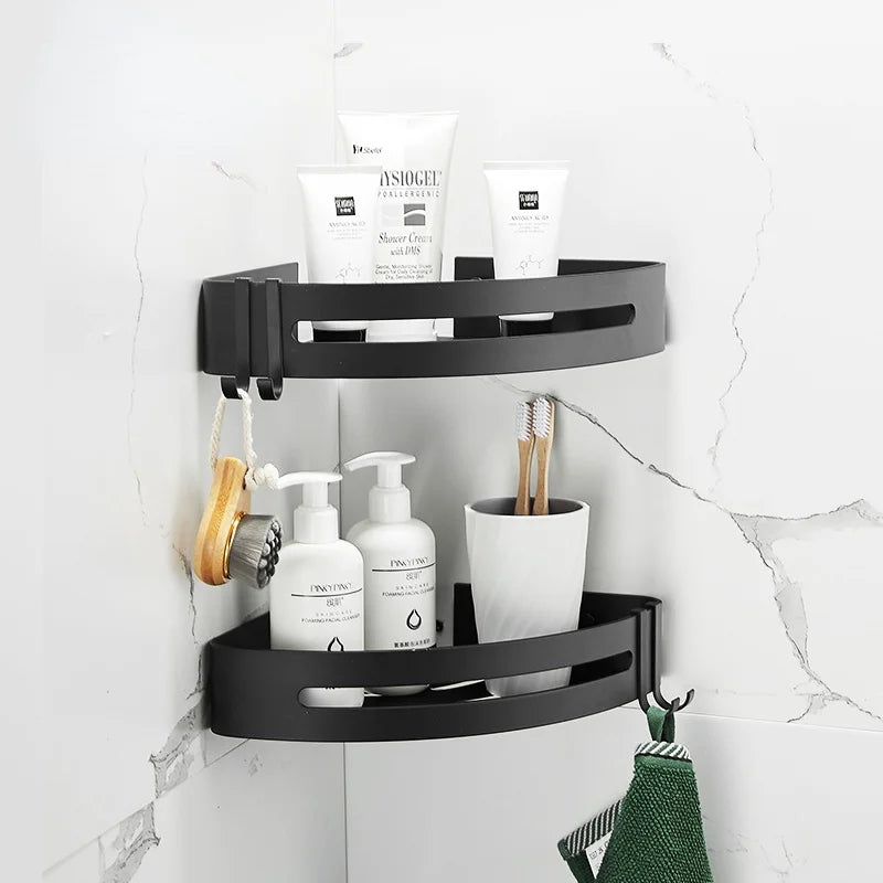 Bathroom Shelf Organizer Shower Storage Rack Black Corner Shelves Wall Mounted Aluminum Toilet Shampoo Holder No Drill