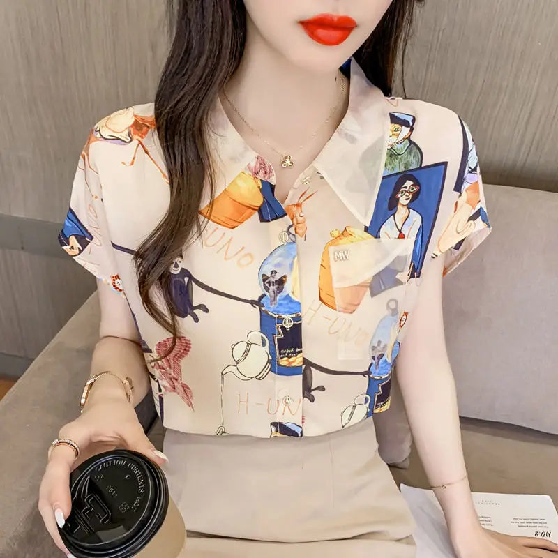 Vintage Printed Lapel Gauze Spliced Pockets Diamonds Loose Shirt Summer New Casual Tops Fashion Women's Clothing Commute Blouses