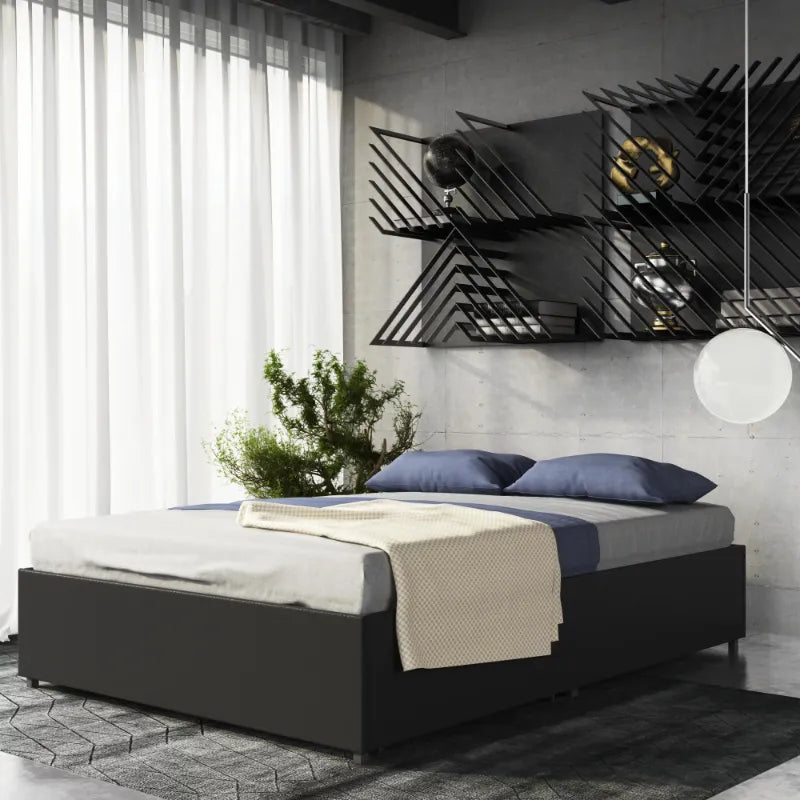 River Street Designs Maven Platform Bed With Storage, Queen, Black Faux Leather bedframe bedroom furniture