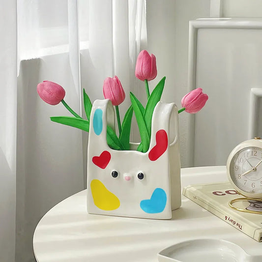 Small Hand Painted Bag Flower Vases Ceramic Makeup Brush Pencil Container Storage Home Decor Cute Tabletop Vase Filler Ornaments