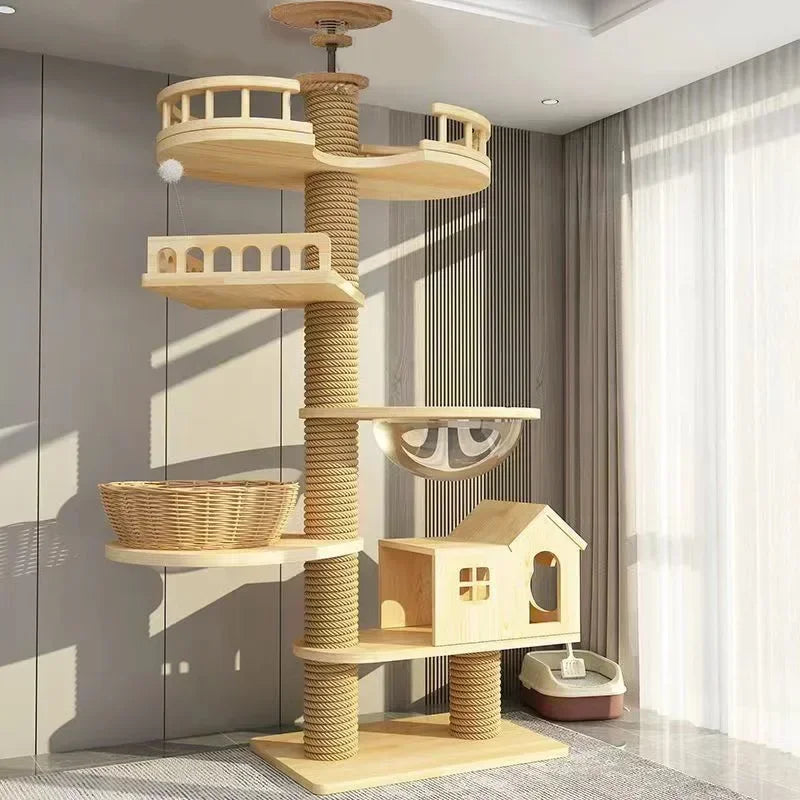 Cat Scratching Post Multistory Cat Villa Solid Wood Thickened and Stable Cat Post Cat Climbing Toy Cat Leisure Hammock