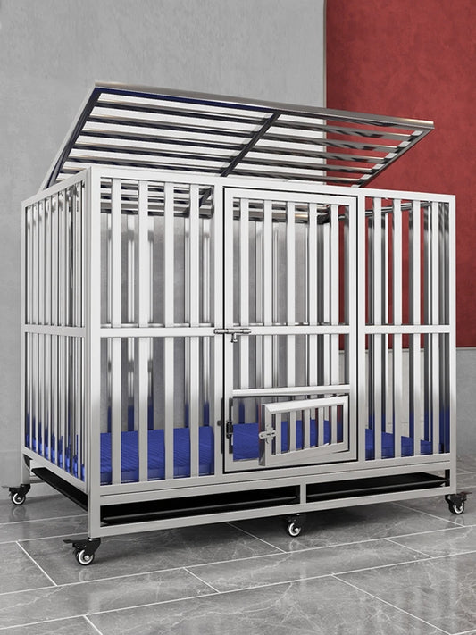 Thick square stainless steel dog cage large dog cage small dog with toilet folding pet cage kennel.