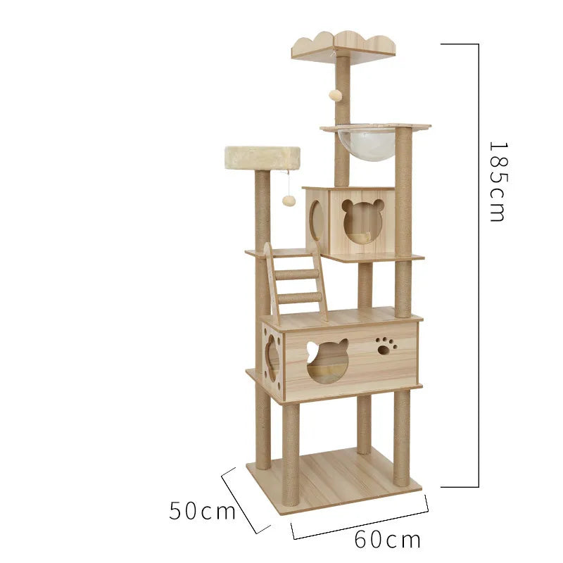 Multi-layer Cat Tree House Condos Wooden Cat Tower With Sisal Rope Cat Scratching Posts Plush Cloth Hammock Cat Climbing Frame