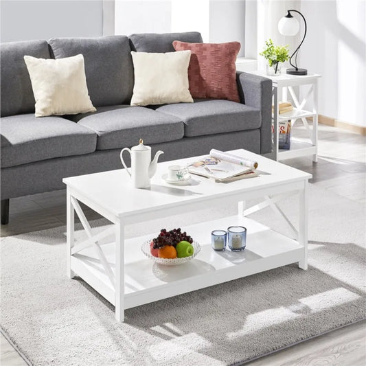 Modern Wood X-Design Rectangle Coffee Table with Storage Shelf, White