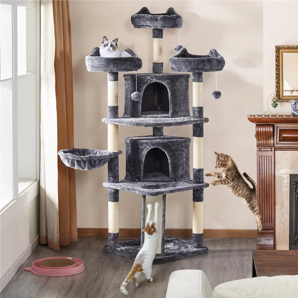 Easyfashion Large Cat Tree Plush Tower with Caves Condos Platforms Scratching Board, Dark Gray