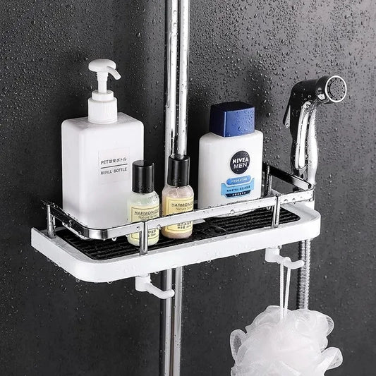 Shower Storage Holder Bathroom Shelf Pole Shelves Shampoo Tray Stand No Drilling Lifting Rod Shower Head Holder Rack Organizer