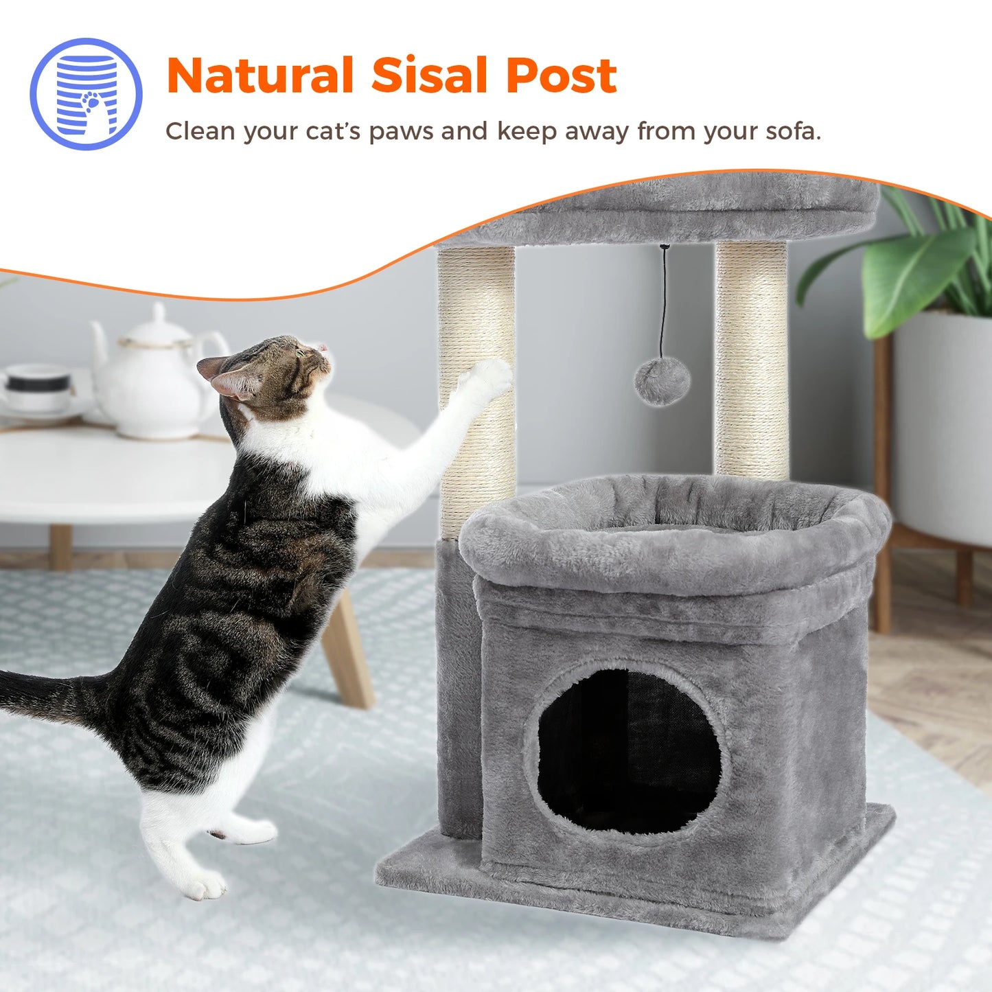 Cat Tree Cat Tower for Indoor Cats with Private Cozy Cat Condo Natural Sisal Scratching Posts and Plush Pom-pom for Small Cats