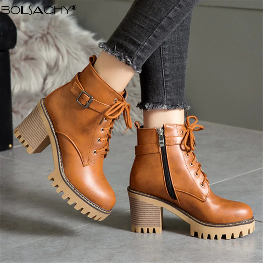 Boats Women 2023 New Winter Female High Heel Lace Up Ankle Boots Buckle Platform Artificial Leather Ladies Shoes Zapatos Mujer